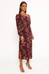 Pontee One Shoulder Pleated Midi Dress - Chocolate Brown