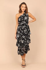 Brigette One Shoulder Tiered Midi Dress - Black Floral