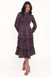 Edwina Shirred Frill Long Sleeve Midi Dress - Plum Floral