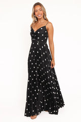 Naira Pleated Maxi Dress - Black Polka Dot