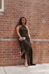 Melody Plisse Halter Maxi Dress - Black/Gold Polka Dot