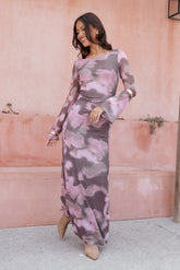 Pandora Long Sleeve Maxi Dress - Pink/Brown Print