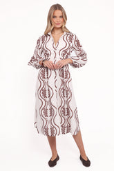 Lira Long Sleeve Midi Dress - Brown Print