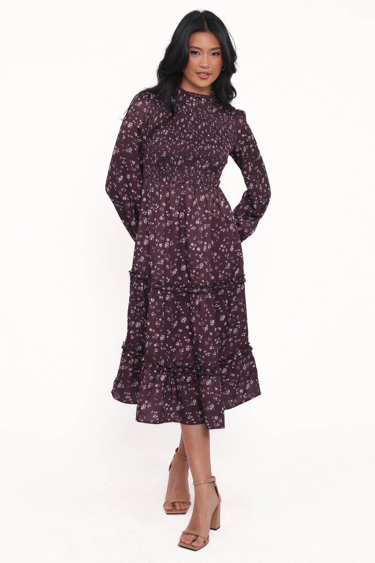 Edwina Shirred Frill Long Sleeve Midi Dress - Plum Floral