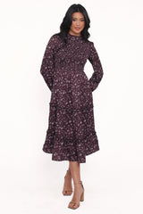 Edwina Shirred Frill Long Sleeve Midi Dress - Plum Floral
