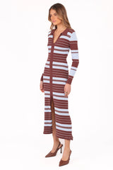 Eliana Long Sleeve Midi Dress - Brown Blue Stripe