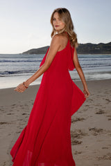 Gia Pleated Halterneck Maxi Dress - Red