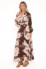 Safia Midi Dress - Brown Floral