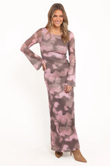 Pandora Long Sleeve Maxi Dress - Pink/Brown Print