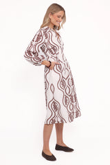 Lira Long Sleeve Midi Dress - Brown Print